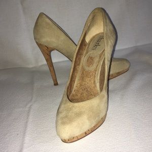 Nude Suede Pumps with Cork Platforms and Heels